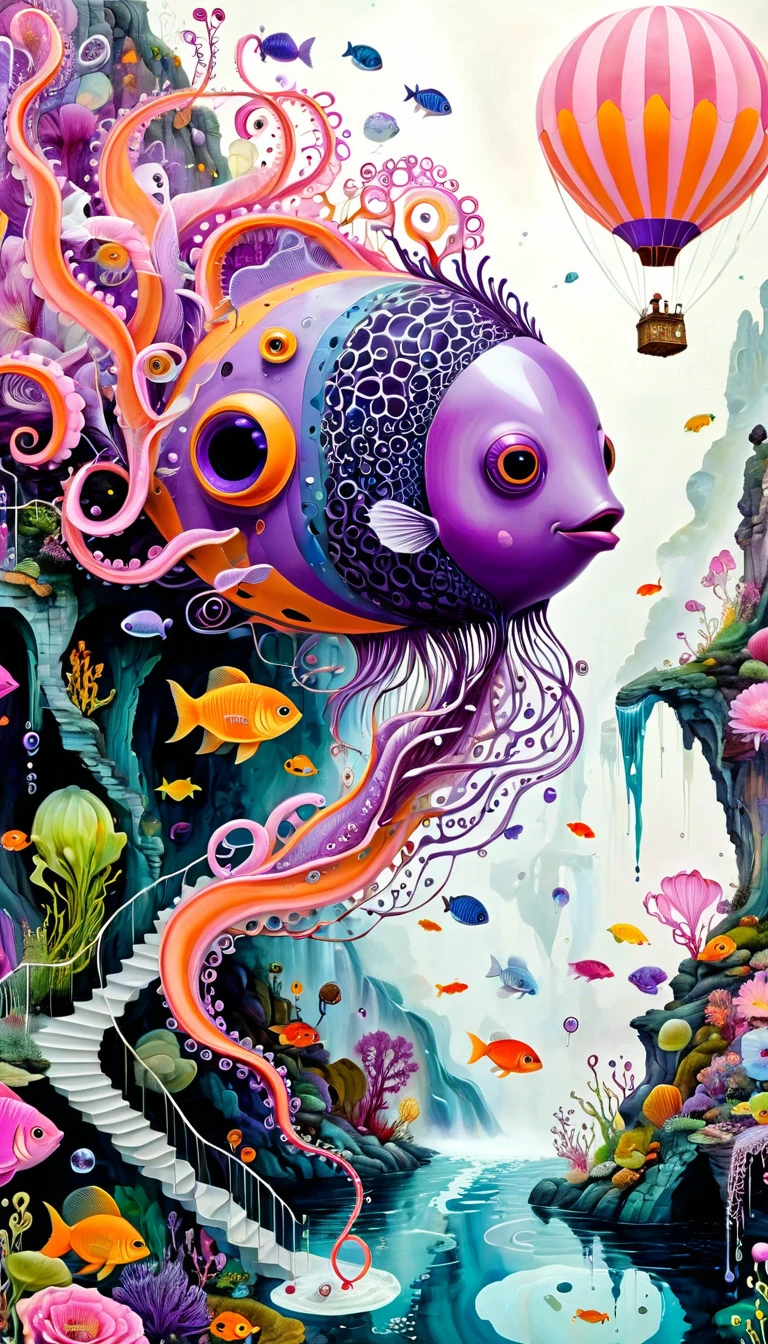 "Dick Ellescas Artist Style",Fish Hot Air Balloon,Tentacles Waterfall,Pink beauty fish、fish,Tentacles,bird、Eye、Bubble Squeeze、autistic patient、diatom,Spiral Staircase,Stitching together an abstract painting,Describing the inner world of autistic people,Sense of space,White Space,interesting,Innocence,Psychedelic Art,pink theme,Bold contrasts,Purple and Orange