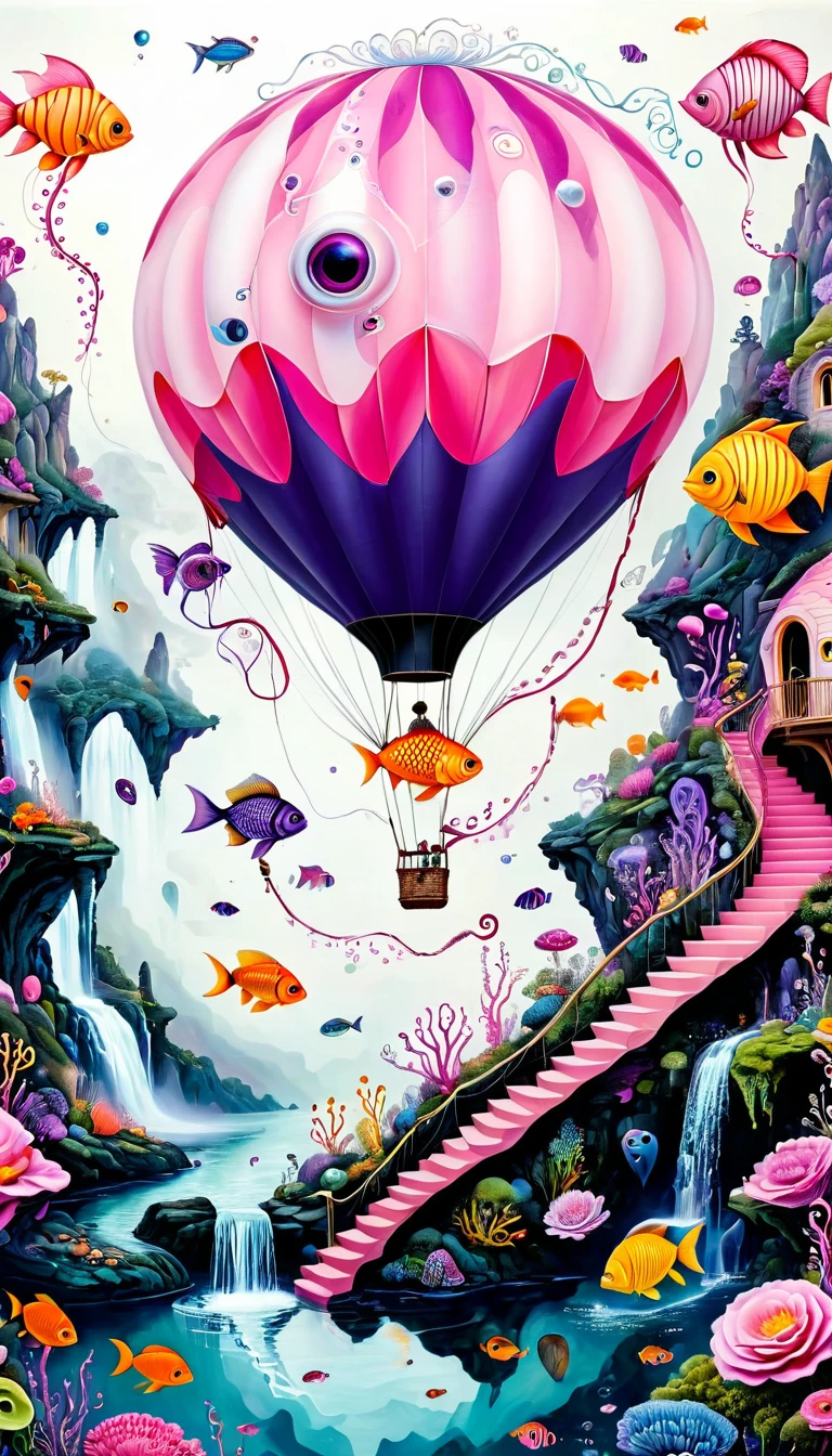 "Dick Ellescas Artist Style",Fish Hot Air Balloon,Tentacles Waterfall,Pink beauty fish、fish,Tentacles,bird、Eye、Bubble Squeeze、autistic patient、diatom,Spiral Staircase,Stitching together an abstract painting,Describing the inner world of autistic people,Sense of space,White Space,interesting,Innocence,Psychedelic Art,pink theme,Bold contrasts,Purple and Orange