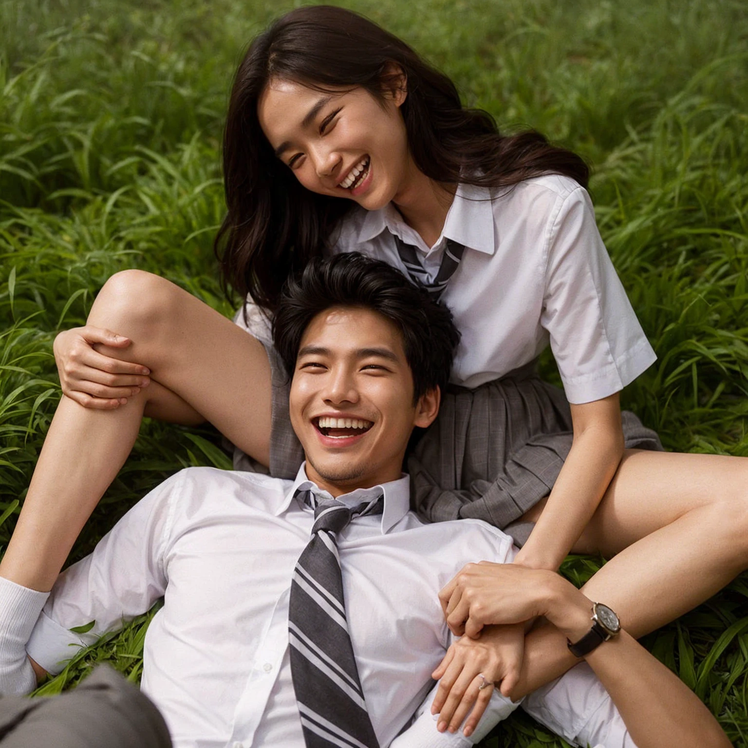 romantic couple. an Indonesian man lying on Among the lush grass, laughing cheerfully, above him there was a woman sitting laughing. in high school uniforms with white tops and gray bottoms, blank gray tie