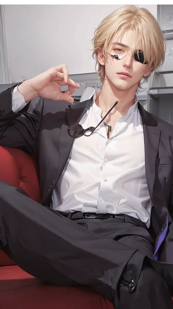 Handsome guy in a suit sitting on a red couch with his hand on his lap, he wears an eyepatch