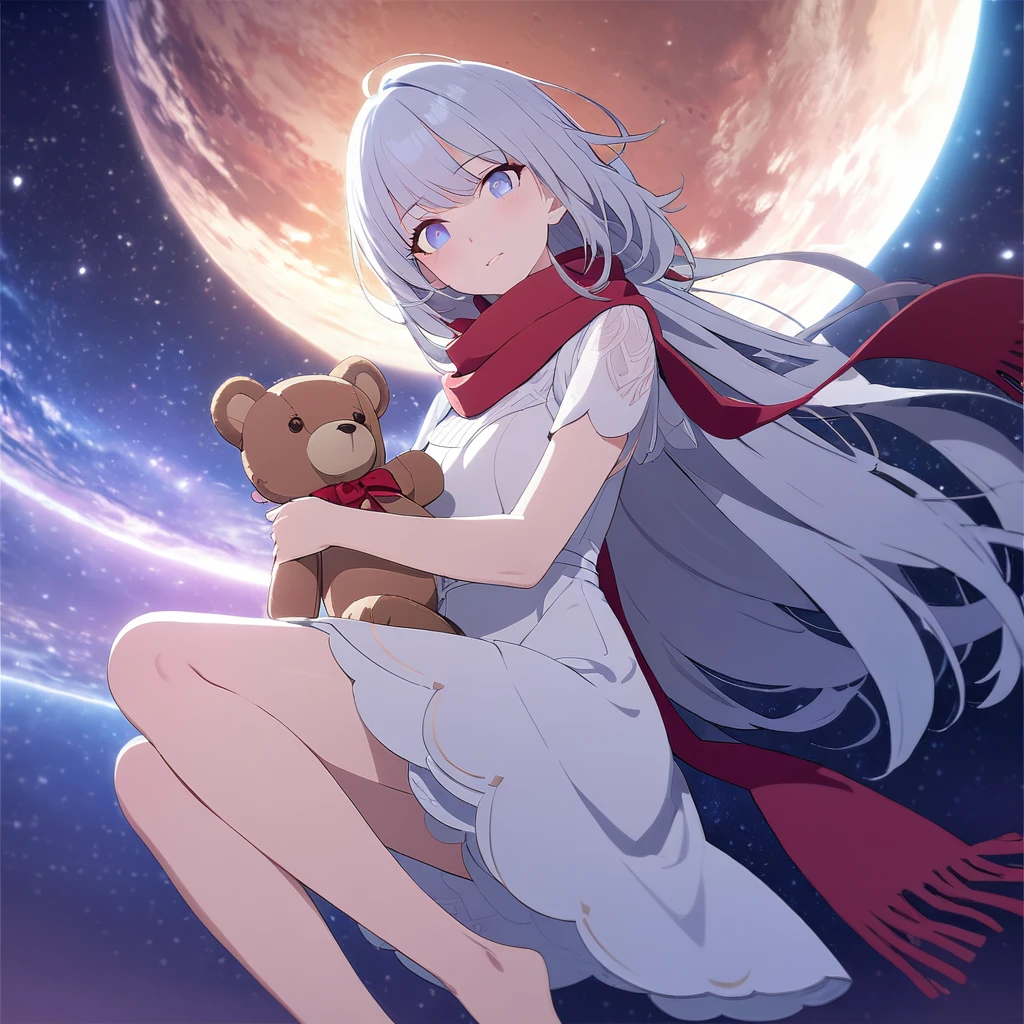 (((masterpiece))), (((best quality))),(((high detail))),light manipulation, girl with long silver hair, gradient purple to sky blue eyes, wearing a white dress, a red scarf, galaxy background, holding a teddy bear, feet, no footwear