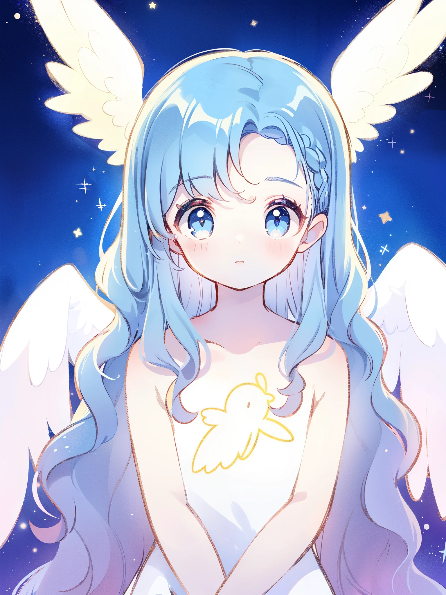 nude angel girl wearing an ethereal translucent dress, pale skin, ((wavy blue hair)), white feathers, angel wings, sparkling detailed eyes, golden ratio face, perfect composition, highly detailed, ethereal, (starry night sky background), midjourney style