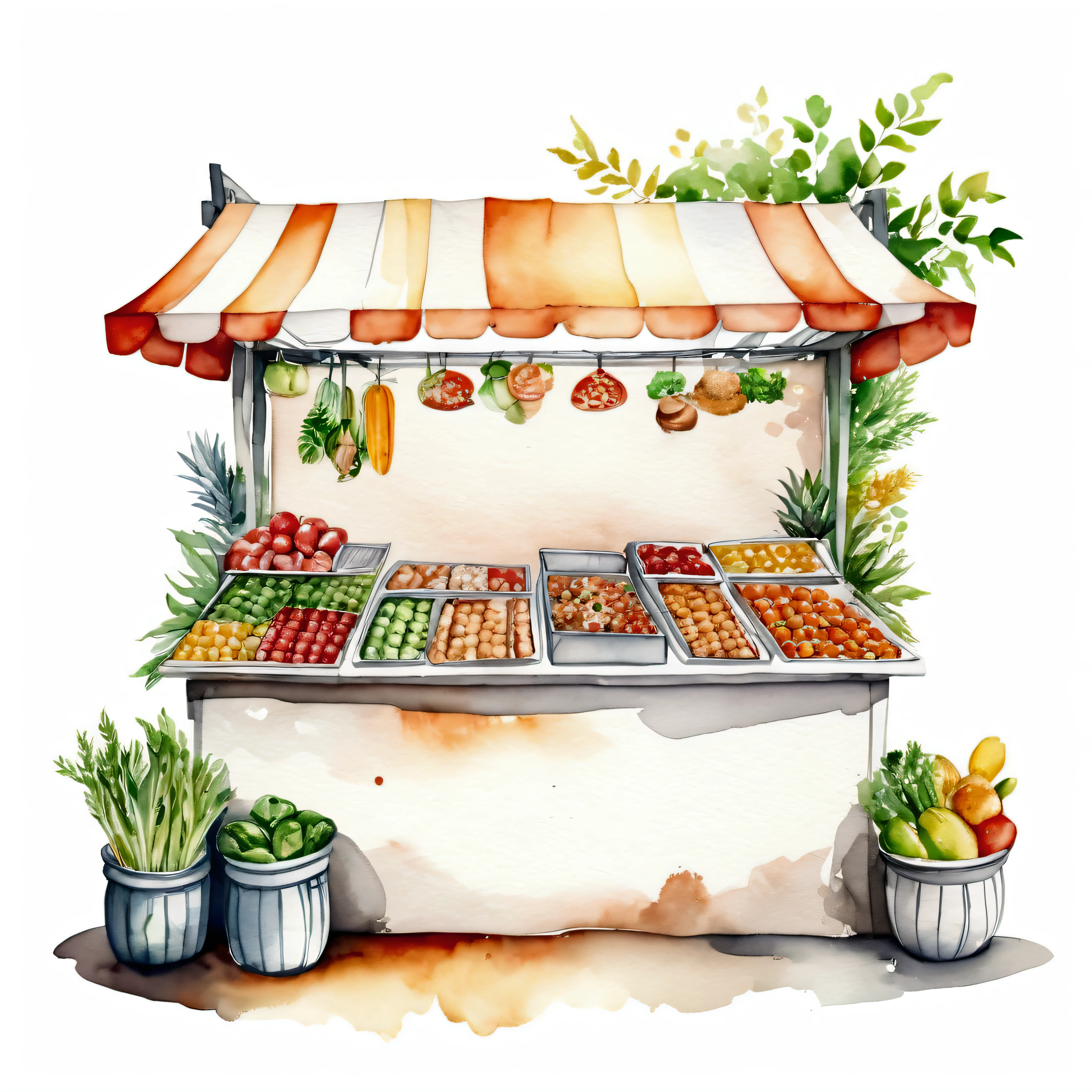 modern food stall of healthy food, illustration, isolated with solid white background, surrounded with negative space, centered composition, 8k, highest detailed painting, very precise painting, Isolated, clear solid white background, perspective angle of view, cartoon style, ((watercolor:1)), clip art, (lora:add-detail-xl:1), (masterpiece), (best quality),