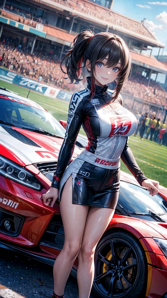 One Woman　Race Queen　Posing for the camera in front of a sports car　High leg　Low - Angle　Cute smile