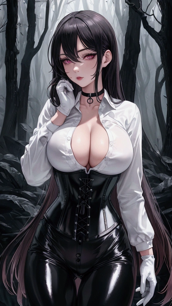 Masterpiece, Beautiful art, professional artist, 8k, Very detailed face, Detailed clothing, detailed fabric, 1 girl, View from the front, standing, pose sexy, BIG BREASTS, perfectly drawn body, shy expression, pale skin, beautiful face, long black hair, 4k eyes, very detailed eyes, pink cheeks, choker:1.6, (white long sleeve button down shirt with white collar), black gloves, gloves that cover hands, (black leather corset), (shiny black leggings), Sensual Lips, show details in the eyes, dark forest, Atmosphere, fog, At night