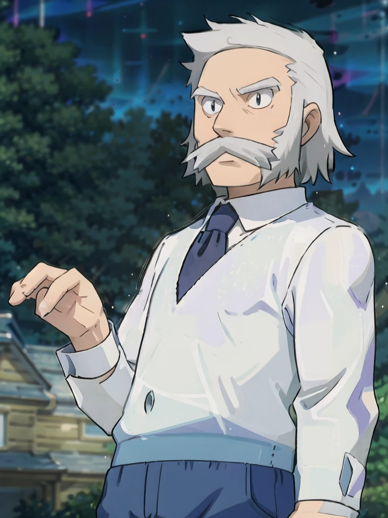 ProfessorRowan, solo, looking at viewer, shirt, 1boy, closed mouth, white shirt, upper body, white hair, male focus, outdoors, necktie, collared shirt, blurry, night, blurry background, parody, formal, style parody