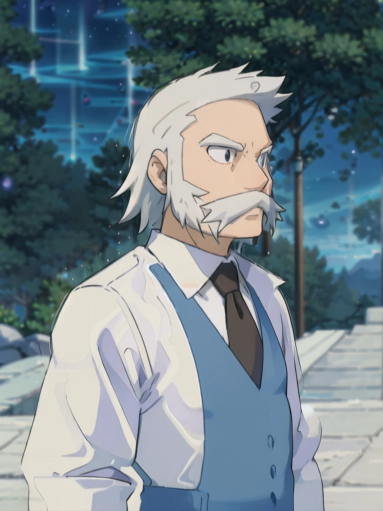 ProfessorRowan, solo, looking at viewer, shirt, 1boy, closed mouth, white shirt, upper body, white hair, male focus, outdoors, necktie, collared shirt, blurry, night, blurry background, parody, formal, style parody