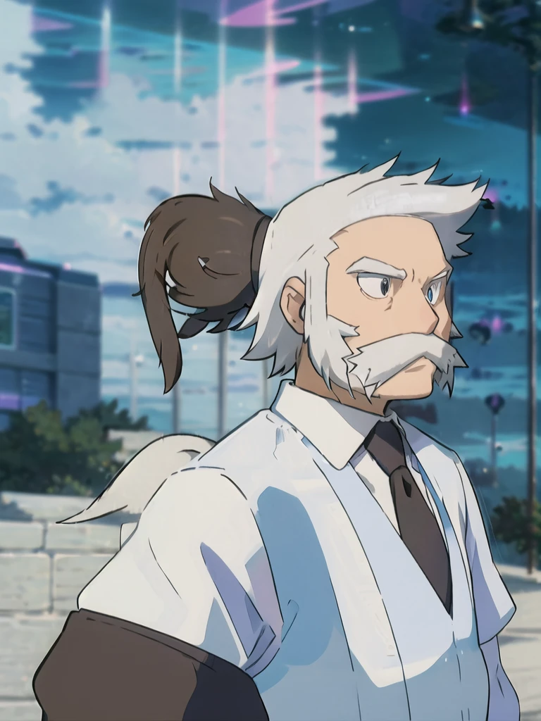 ProfessorRowan, solo, looking at viewer, shirt, 1boy, closed mouth, white shirt, upper body, white hair, male focus, outdoors, necktie, collared shirt, blurry, night, blurry background, parody, formal, style parody