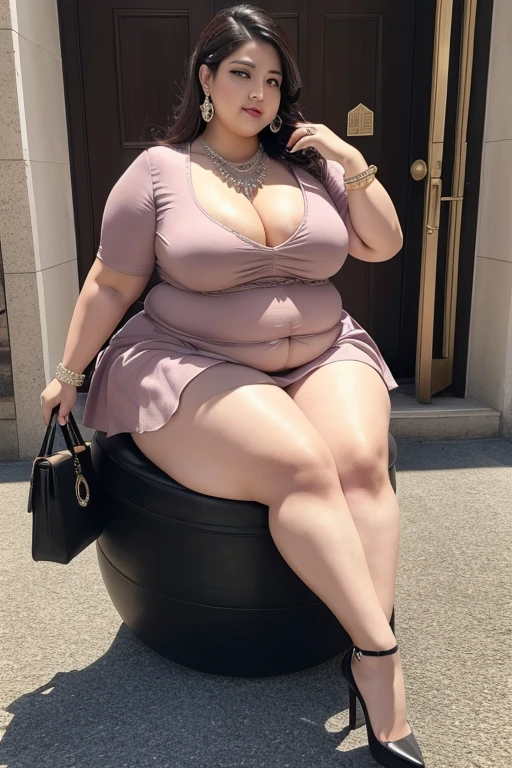 130kg extremely obese woman, abdominal exposure, mini skirt, high heel, earring, necklace, bracelet