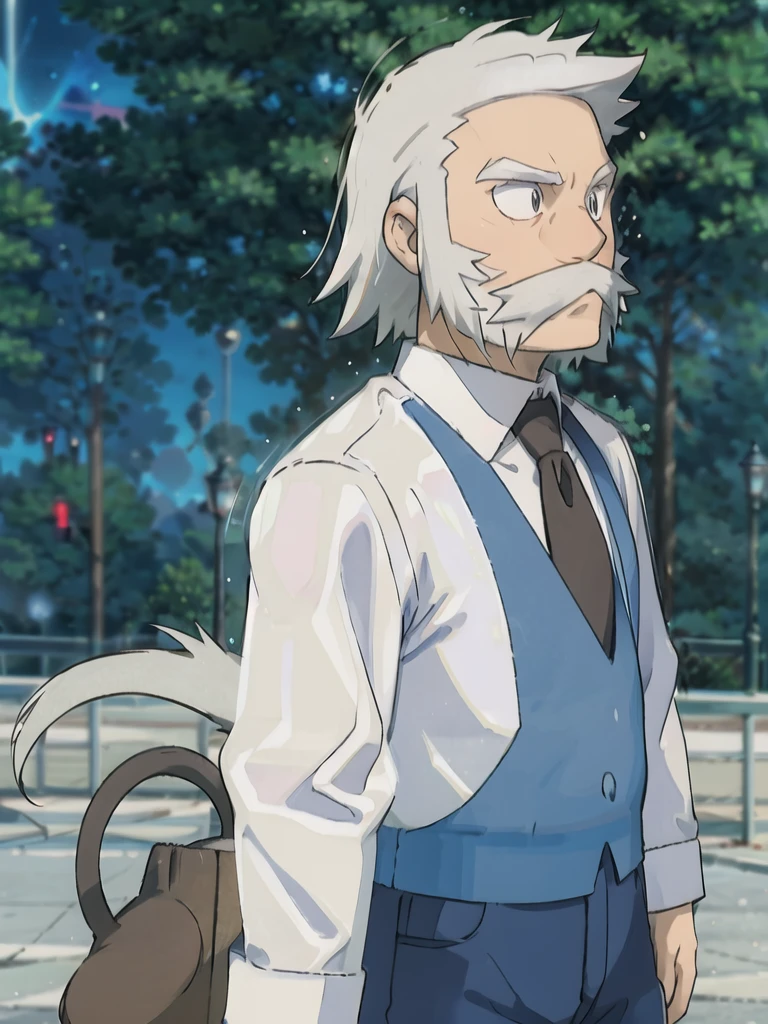 ProfessorRowan, solo, looking at viewer, shirt, 1boy, closed mouth, white shirt, upper body, white hair, male focus, outdoors, necktie, collared shirt, blurry, night, blurry background, parody, formal, style parody