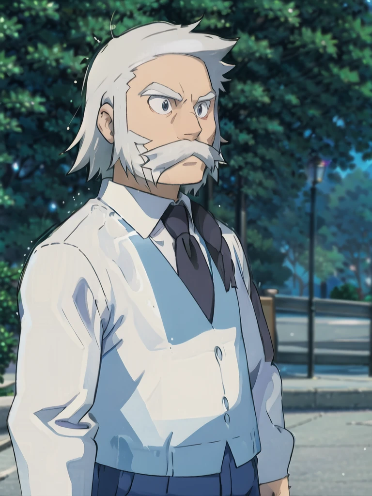 ProfessorRowan, solo, looking at viewer, shirt, 1boy, closed mouth, white shirt, upper body, white hair, male focus, outdoors, necktie, collared shirt, blurry, night, blurry background, parody, formal, style parody