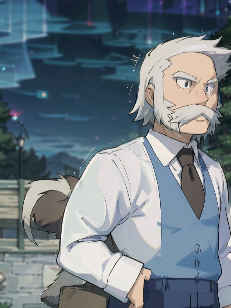 ProfessorRowan, solo, looking at viewer, shirt, 1boy, closed mouth, white shirt, upper body, white hair, male focus, outdoors, necktie, collared shirt, blurry, night, blurry background, parody, formal, style parody