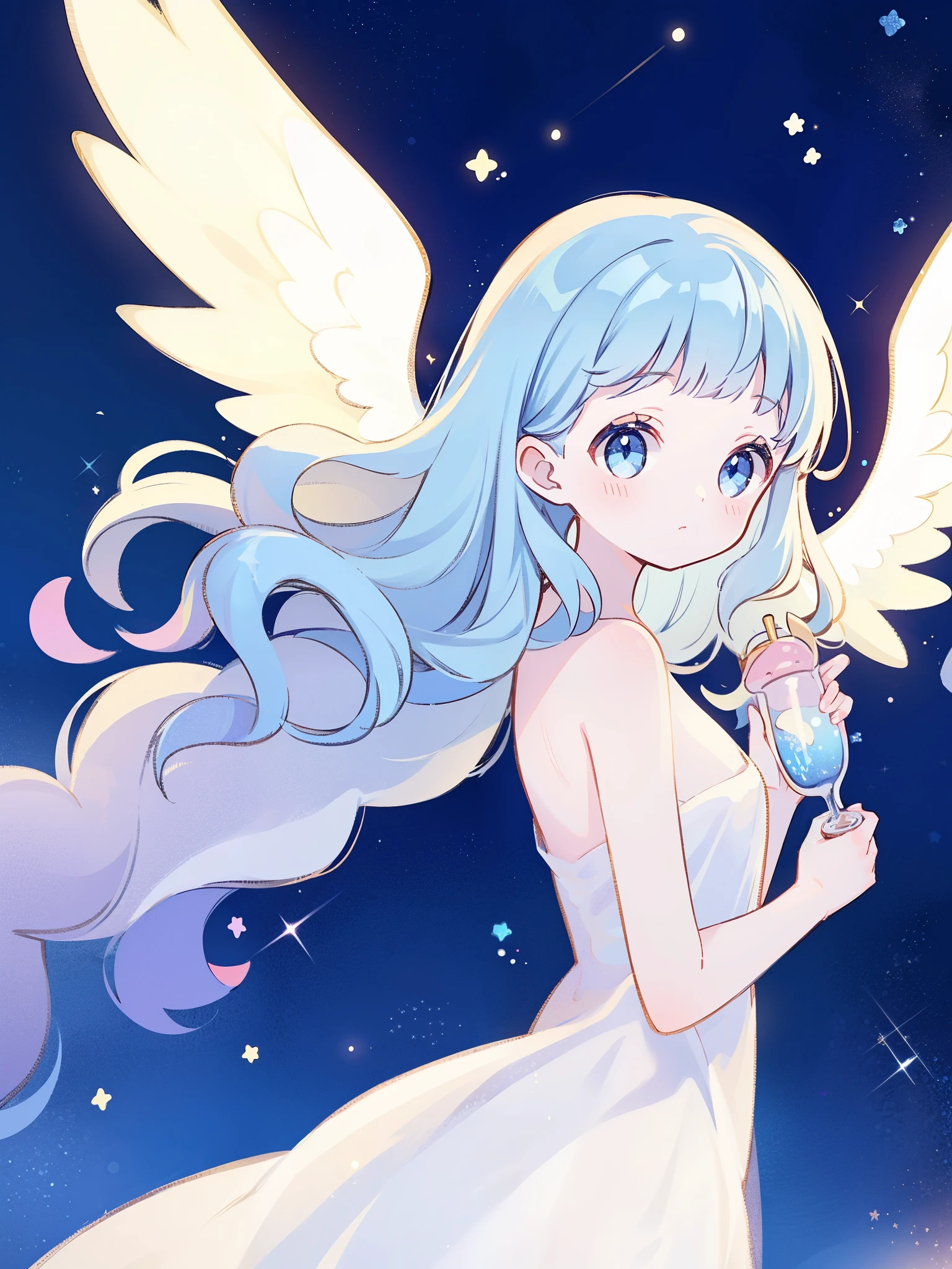 nude angel girl wearing an ethereal translucent dress, pale skin, ((wavy blue hair)), feathers , stars, angel wings, sparkling detailed eyes, golden ratio face, perfect composition, highly detailed, ethereal, (starry night sky background), midjourney style