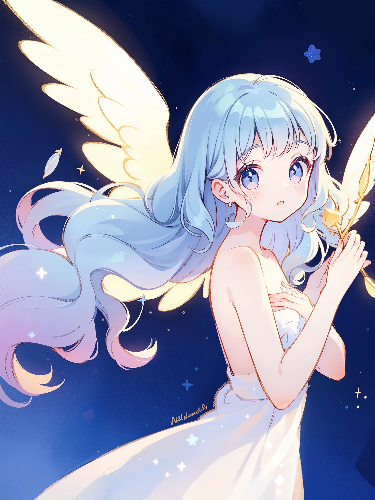 nude angel girl wearing an ethereal translucent dress, pale skin, ((wavy blue hair)), feathers , stars, angel wings, sparkling detailed eyes, golden ratio face, perfect composition, highly detailed, ethereal, (starry night sky background), midjourney style