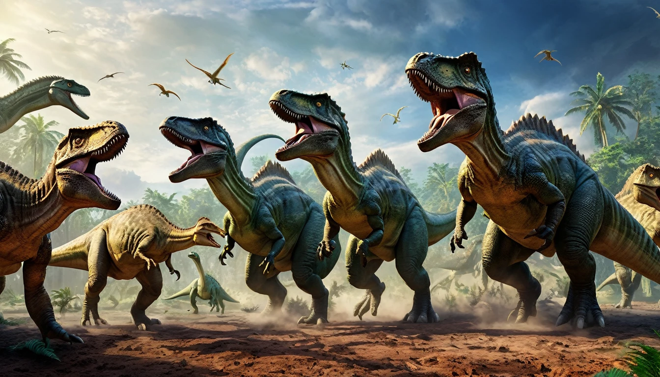 panoramic image of a group of dinosaurs fighting, epic, Masterpiece