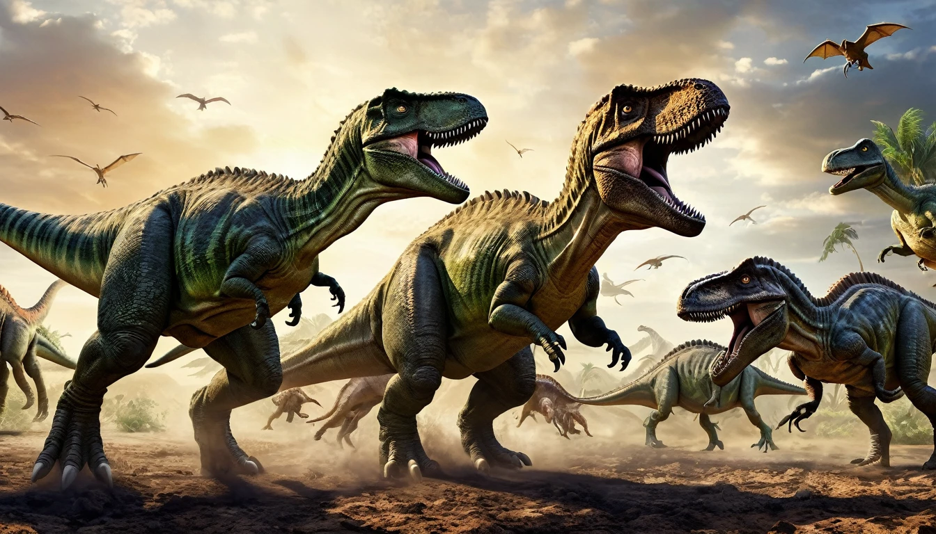 panoramic image of a group of dinosaurs fighting, epic, Masterpiece