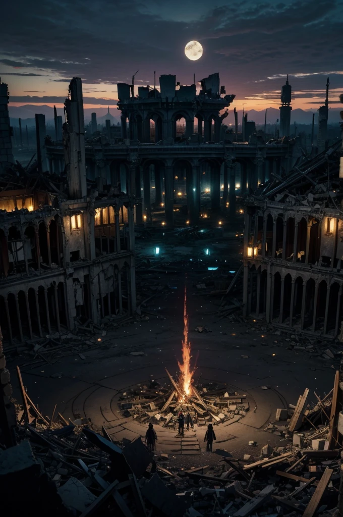 anime scene kingdom at night destroyed in complete chaos and ruins a pile of bones overlooking the kingdom
