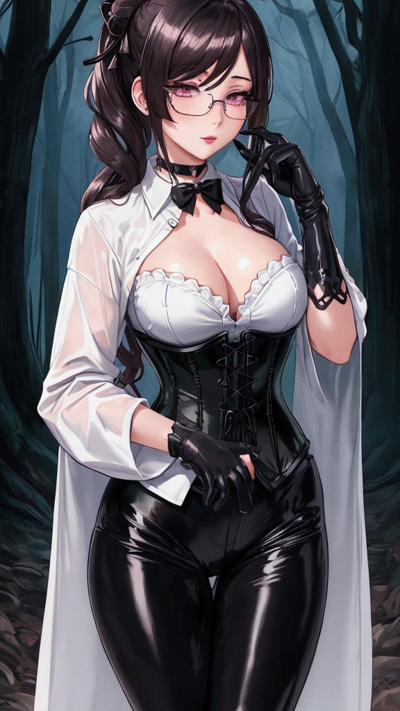 Masterpiece, Beautiful art, professional artist, 8k, Very detailed face, Detailed clothing, detailed fabric, 1 girl, Chiori \(genshin impact\), View from the front, standing, pose sexy, perfectly drawn body, shy expression, pale skin, beautiful face, 4k eyes, very detailed eyes, pink cheeks, glasses, choker:1.6, (white long sleeve button down shirt with white collar), black gloves, gloves that cover hands, (black leather corset), (shiny black leggings), Sensual Lips, show details in the eyes, dark forest, Atmosphere, fog, At night