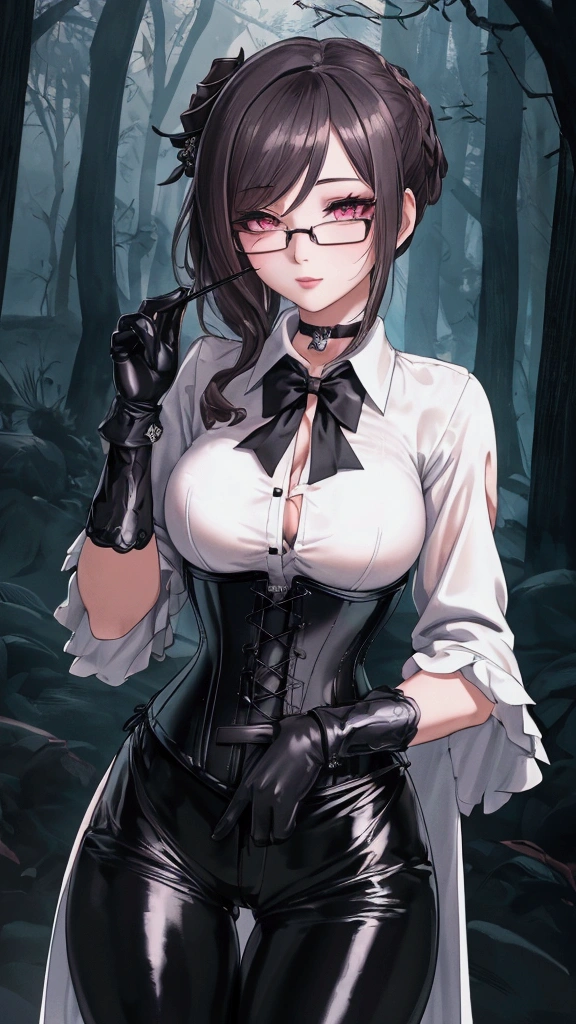 Masterpiece, Beautiful art, professional artist, 8k, Very detailed face, Detailed clothing, detailed fabric, 1 girl, Chiori \(genshin impact\),  View from the front, standing, pose sexy, perfectly drawn body, shy expression, pale skin, beautiful face, 4k eyes, very detailed eyes, pink cheeks,  glasses, choker:1.6, (white long sleeve button down shirt with white collar), black gloves, gloves that cover hands, (black leather corset), (shiny black leggings), Sensual Lips, show details in the eyes, dark forest, Atmosphere, fog, At night