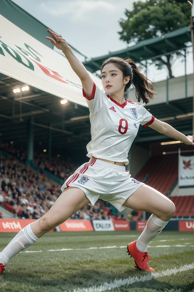 (((best quality))),(((ultra detailed))),(((masterpiece))),illustration,1girl,soccer player,England team uniform,focused expression,intense match,vast green pitch,grand stadium,soft ambient lighting,manicured grass,three lions logo,white and red uniform,contrasting colors,confident posture,agile movement,kicking the ball,action-packed scene,vibrant crowd,roar of the stands,flags and banners,electric energy,summer night