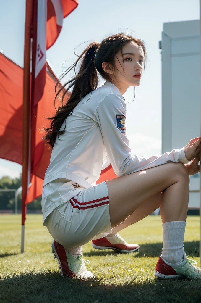 (((best quality))),(((ultra detailed))),(((masterpiece))),illustration,1girl,soccer player,England team uniform,focused expression,intense match,vast green pitch,grand stadium,soft ambient lighting,manicured grass,three lions logo,white and red uniform,contrasting colors,confident posture,agile movement,kicking the ball,action-packed scene,vibrant crowd,roar of the stands,flags and banners,electric energy,summer night