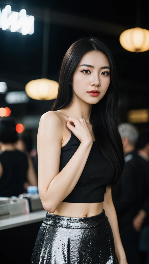 a Chinese woman with beautiful Delicate eyes, Beautiful and delicate lips, Extremely detailed face and skin, Pale skin, 23 years old,Wearing a halter top,black sequined skirt, skirt, high heels, medium long shot, dancing in the dance hall, beautiful lights, sexy figure, long legs, full body portrait. Beautiful photography,Long eyelashes, Good anatomy , Practical skin texture, Delicate eyes, professional, 4K, Wide-angle lens, Optical Depth of Field, Kodak Vision Color, Perfectly proportioned body, Extremely detailed, ultra-photoPractical, Practical, Post-Processing, Maximum details, Roughness, real life, ultra -Practical, Photorealism, photography, 8K Ultra HD, photography