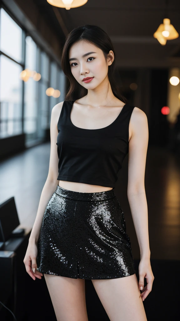 a Chinese woman with beautiful Delicate eyes, Beautiful and delicate lips, Extremely detailed face and skin, Pale skin, 23 years old,Wearing a halter top,black sequined skirt, skirt, high heels, medium long shot, dancing in the dance hall, beautiful lights, sexy figure, long legs, full body portrait. Beautiful photography,Long eyelashes, Good anatomy , Practical skin texture, Delicate eyes, professional, 4K, Wide-angle lens, Optical Depth of Field, Kodak Vision Color, Perfectly proportioned body, Extremely detailed, ultra-photoPractical, Practical, Post-Processing, Maximum details, Roughness, real life, ultra -Practical, Photorealism, photography, 8K Ultra HD, photography