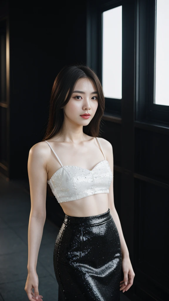 a Chinese woman with beautiful Delicate eyes, Beautiful and delicate lips, Extremely detailed face and skin, Pale skin, 23 years old,Wearing a halter top，black sequined skirt, skirt, high heels, medium long shot, dancing in the dance hall, beautiful lights, sexy figure, long legs, full body portrait. Beautiful photography，Long eyelashes, Good anatomy , Practical skin texture, Delicate eyes, professional, 4K, Wide-angle lens, Optical Depth of Field, Kodak Vision Color, Perfectly proportioned body, Extremely detailed, ultra-photoPractical, Practical, Post-Processing, Maximum details, Roughness, real life, ultra -Practical, Photorealism, photography, 8K Ultra HD, photography