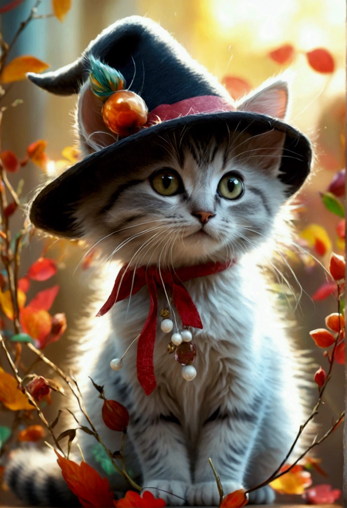 A cute standing small cat wearing a hat very cute cat fantasy background high quality 8k picture