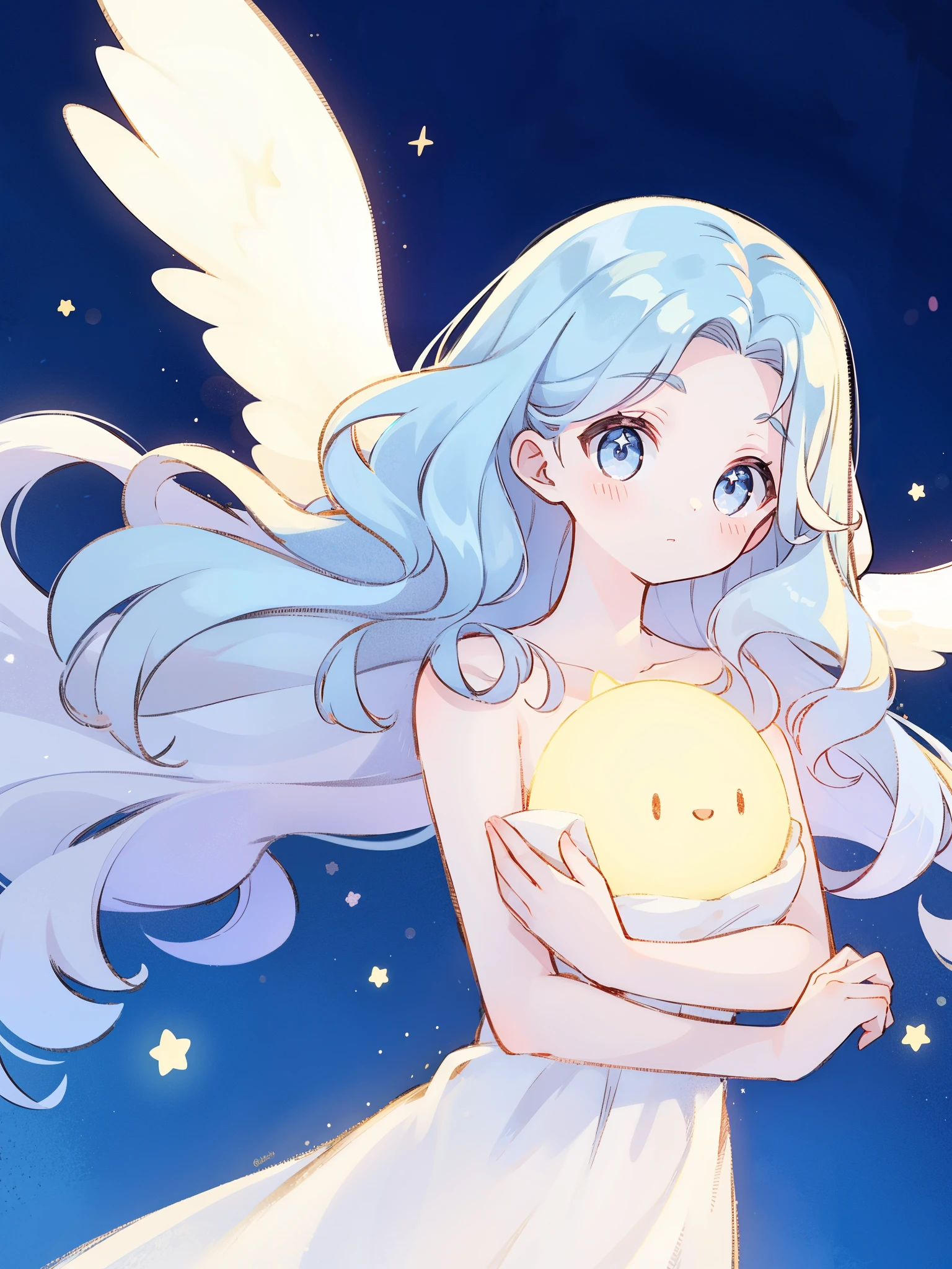 nude angel girl wearing an ethereal translucent dress, pale skin, ((wavy blue hair)), white feathers, angel wings, sparkling detailed eyes, golden ratio face, perfect composition, highly detailed, ethereal, (starry night sky background), midjourney style