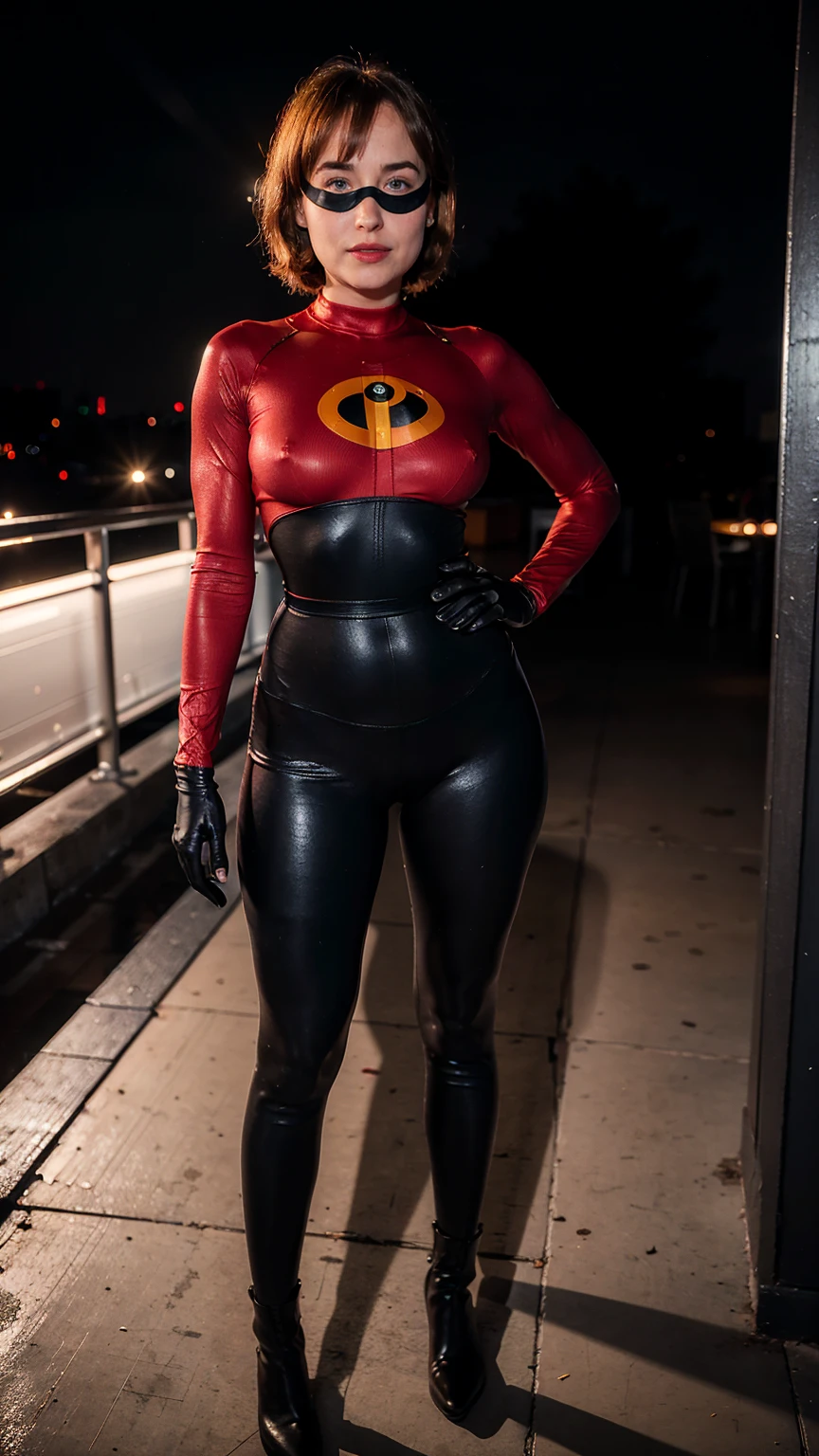 (masterpiece), (solo character), (photorealistic:1.4), ),(best quality), (the Incredibles red top bodysuit),, (Dakota Johnson wearing the Incredibles red bodysuit) ), (Dakota Johnson in Helen Parr hairstyle), (helen short hairstyle), (flashphoto), (epiCRealLife), (lora:epiCFlashPhoto), (wearing thighhigh), (the incredibles elbow gloves), (midriff cleavages), (Dakota Johnson the wearing Incredibles black eye domino mask),, (pose for picture), (standing poses), (cleavages), at night, outdoor,