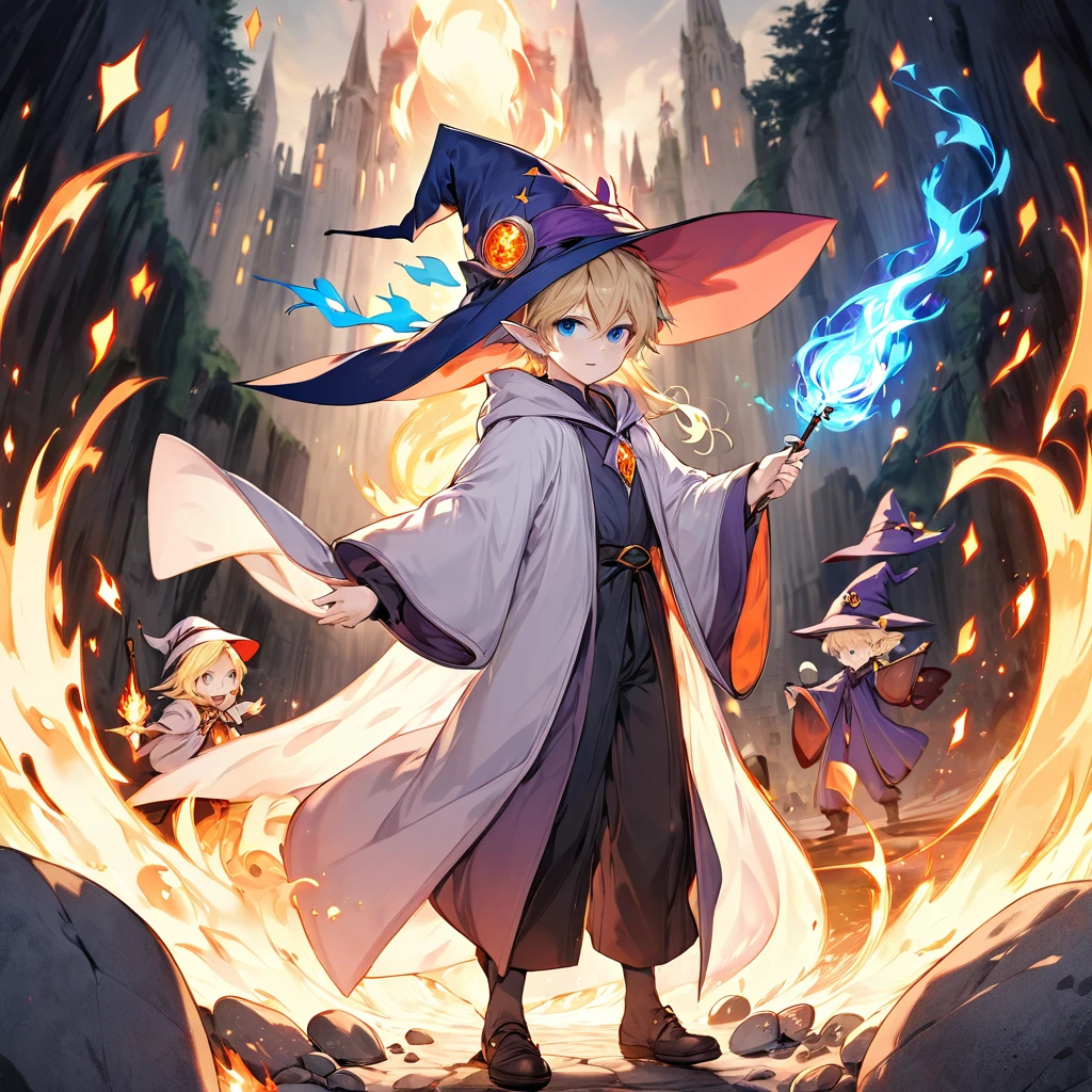 One person、juvenile、male、Blonde、Shortcuts、White skin、blue eyes、Elf Ears、Witch's Pointy Hat、Wizard、Robe、Holding a wand in one hand、Hold your wand in front of you、Use fire magic、Several rocks floating in the background
