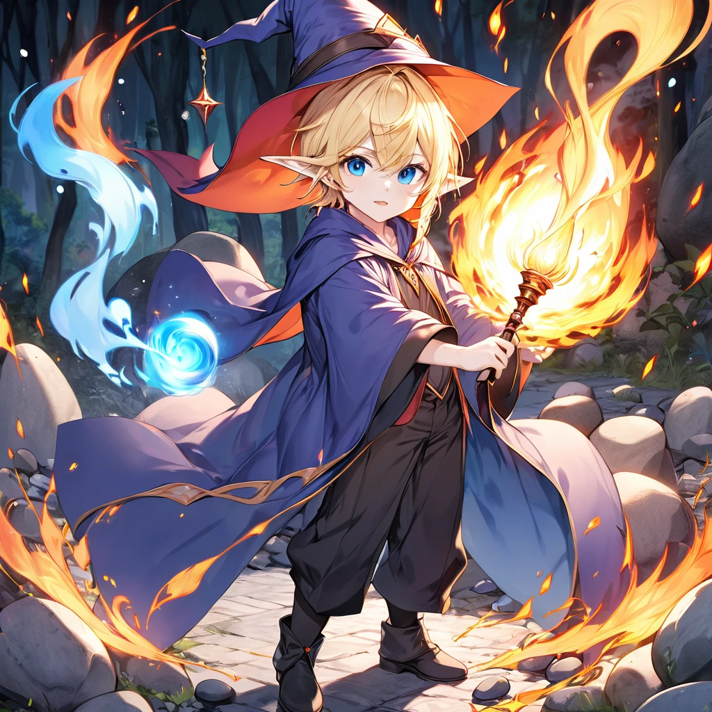 One person、juvenile、male、Blonde、Shortcuts、White skin、blue eyes、Elf Ears、Witch's Pointy Hat、Wizard、Robe、Holding a wand in one hand、Hold your wand in front of you、Use fire magic、Several rocks floating in the background