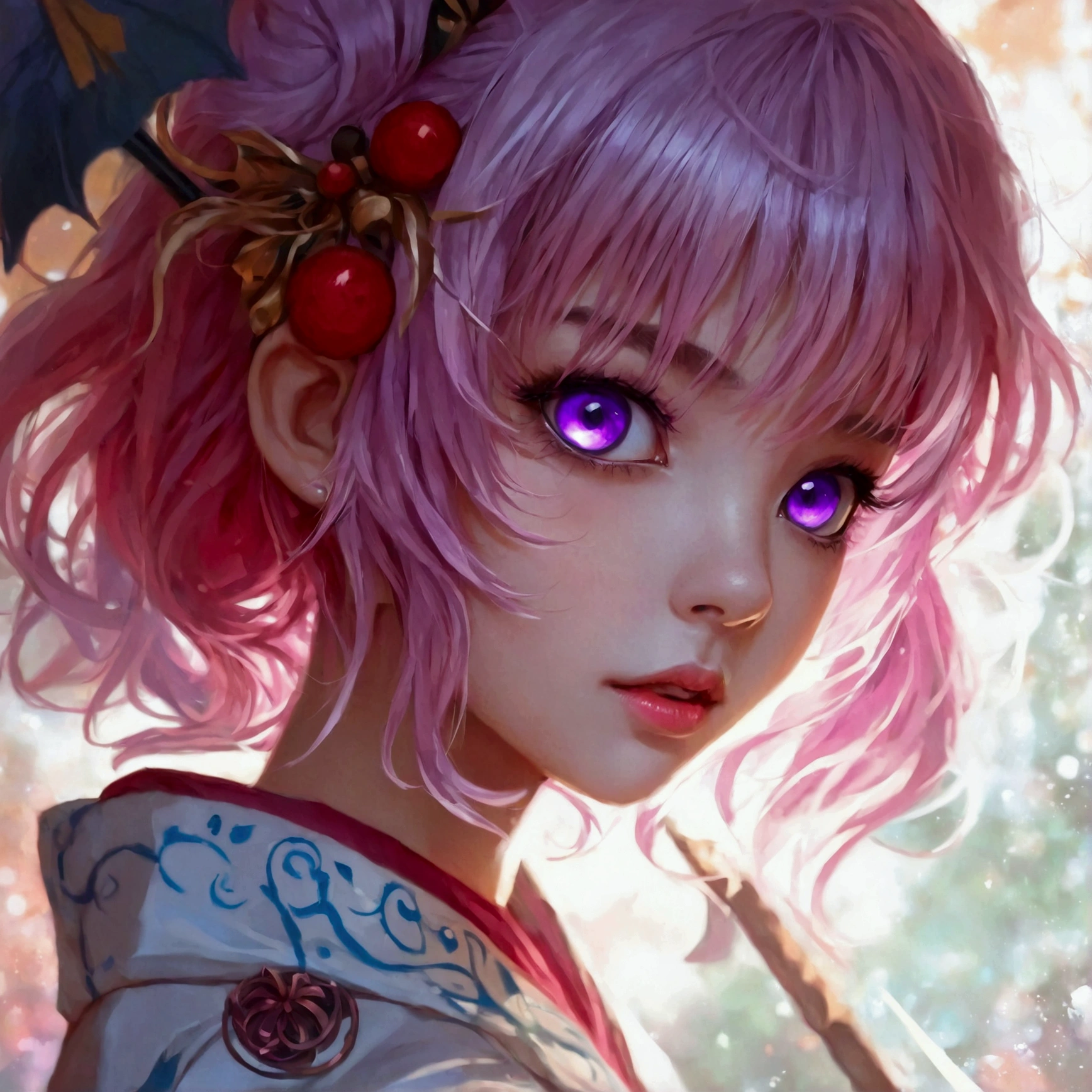 yae miko, Pink Hair, Purple eyes, Shimoo Art Style