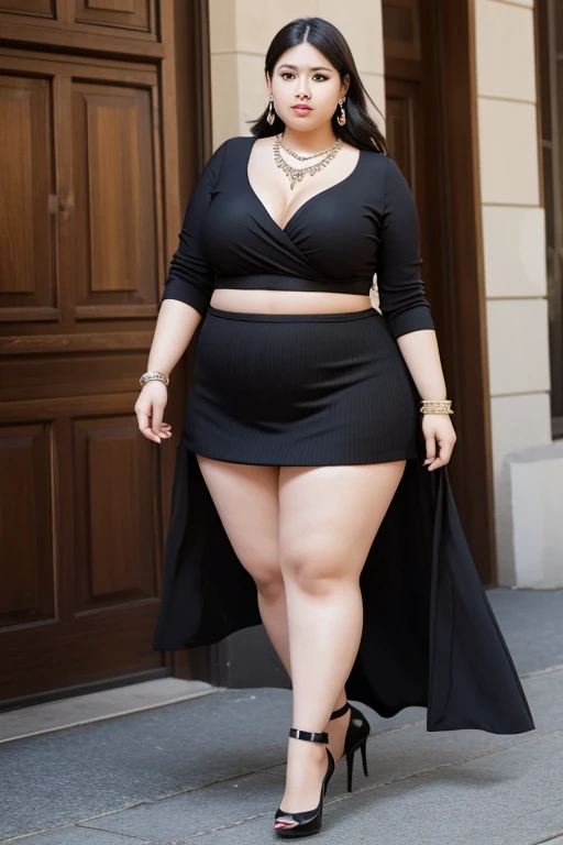 130kg extremely obese woman, abdominal exposure, mini skirt, high heel, earring, necklace, bracelet