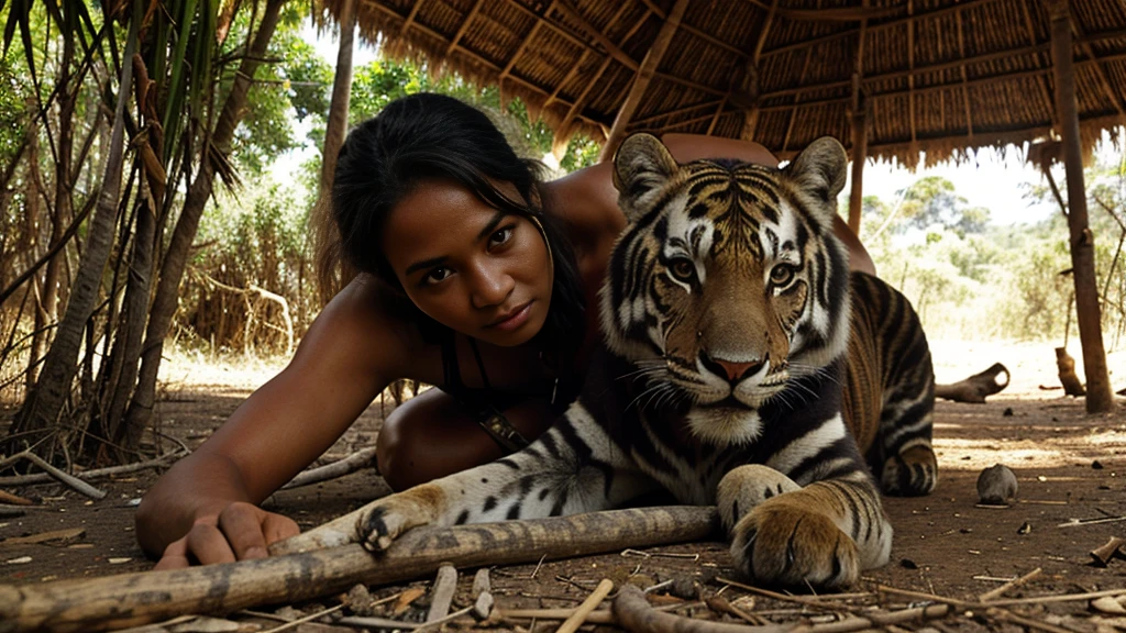 In a dense forest, a sick tiger is lying down with four cubs around it. A girl is tending to the tiger, applying medicine to its wounded area. The scene is set in a lush jungle with thick trees and greenery, and the girl is gently caring for the tiger, showing compassion and care.
