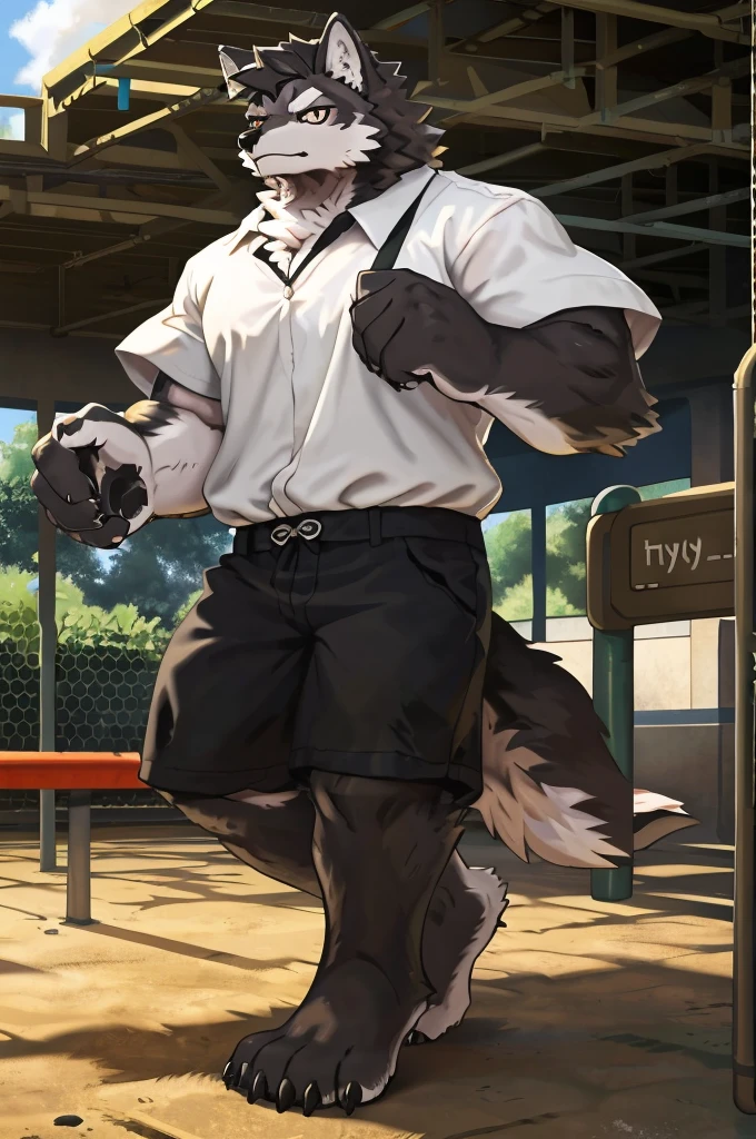 (Thick Arms),(Thick Legs),masterpiece, best quality, Official Art, Extremely detailed CG unified 8k wallpaper, Ultra Detailed, Best Illustration, , Ink fur, hairy male, Wolf Boy, hairy, Ink fur, 1 Boy,, male focus,, Striped hair, Wolf ears, Animal ears, Single speaker, Ink fur, Bangs, dark hair, White highlights, Medium Hair, Solitary, Ink tail,hairy尾巴,(Black pupil),High target,(In a school playground),,barefoot,(Sexy),((High target and strong)),side,(Delicate eyes:1.2),Inky eyes,male,Solitary,(Inky pupils),(Detailed face),(Sharp eyes),Permanent,(Detailed hands),(Foot details),aldult,type,Moderate,Long legs,(Detailed fingers),(Delicate eyes),(White shirt),(Black shorts),easy,(Big Bag)