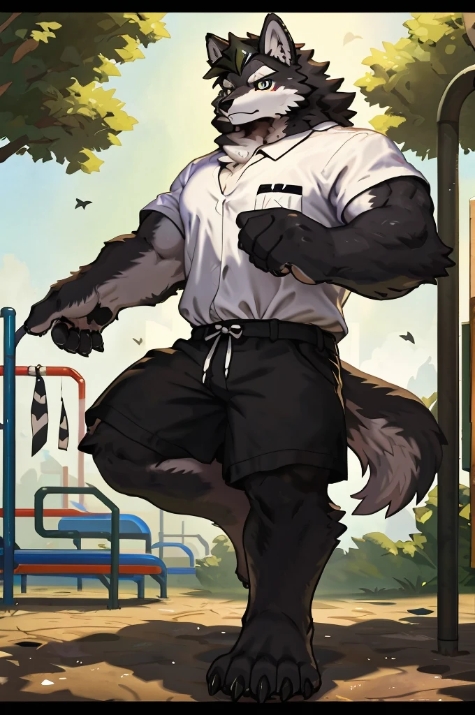 (Thick Arms),(Thick Legs),masterpiece, best quality, Official Art, Extremely detailed CG unified 8k wallpaper, Ultra Detailed, Best Illustration, , Ink fur, hairy male, Wolf Boy, hairy, Ink fur, 1 Boy,, male focus,, Striped hair, Wolf ears, Animal ears, Single speaker, Ink fur, Bangs, dark hair, White highlights, Medium Hair, Solitary, Ink tail,hairy尾巴,(Black pupil),High target,(In a school playground),,barefoot,(Sexy),((High target and strong)),side,(Delicate eyes:1.2),Inky eyes,male,Solitary,(Inky pupils),(Detailed face),(Sharp eyes),Permanent,(Detailed hands),(Foot details),aldult,type,Moderate,Long legs,(Detailed fingers),(Delicate eyes),(White shirt),(Black shorts),easy,(Big Bag)