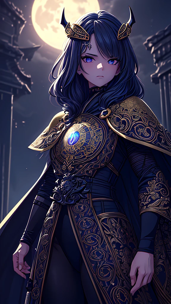 ((best quality)), ((masterpiece)), (detailed), une fille, visage parfait, Longhaire, ((golden hair)), curly hair, decorated cheveux, ultramarine blue eyes,   ((((Mythical figure, intricate details, ultrahigh resolution)))), 1man, serious, standing, (black hair, grey ninja mask:1), short hair cut, tanned skin, ((red eyes, glowing eyes:0.5)), (((deep set, piercing eyes:0.9))), ((centered)), (close up), three-quarter view, facing viewer, ((forest, moonlit night, misty:0.9)), ((muscular build)), looking at viewer, ((half open eyes, focused gaze)), ((perfectly manicured fingers)), (((head, shoulders, waist in view, cape flowing behind, arrow quiver at side)))), ((hand on hilt)), intense eyes, dramatic lighting, forest, moonlit, night, background, ((defined subject)), 40 years old, ((brooding)), (((somber)), (((high contrast)))