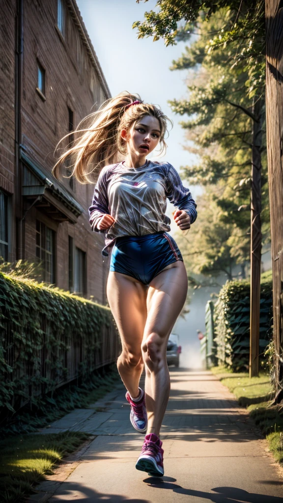 Lina, 27 years old, slender, casual clothes, brown hair, ponytail, light makeup, blue eyes, athletic, artistic, Wide shot, running, park, morning, soft light, dewy grass, trees, path, sunrise, mist