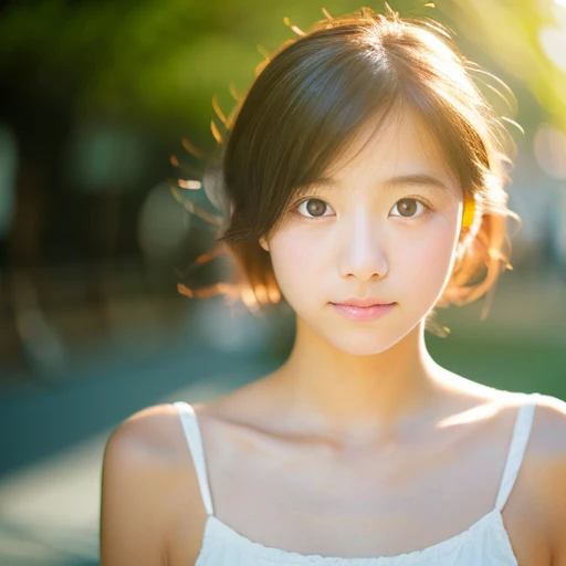 1girl in、(looking looking at viewer)、(bokeh dof:1.1)、Parted lips、Shy smile、realisitic、Wearing white underwear、gravure、A sexy、sky line、realisitic、Beautuful Women