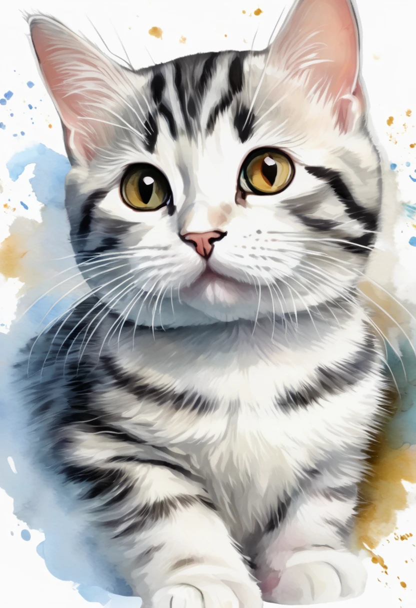 a cat of the American Shorthair breed, 3D watercolor style painting, American Shorthair cat, full picture, High contrast high resolution (photorrealistic:1.5), White background, sticker style, (raw photos, 8k hd,