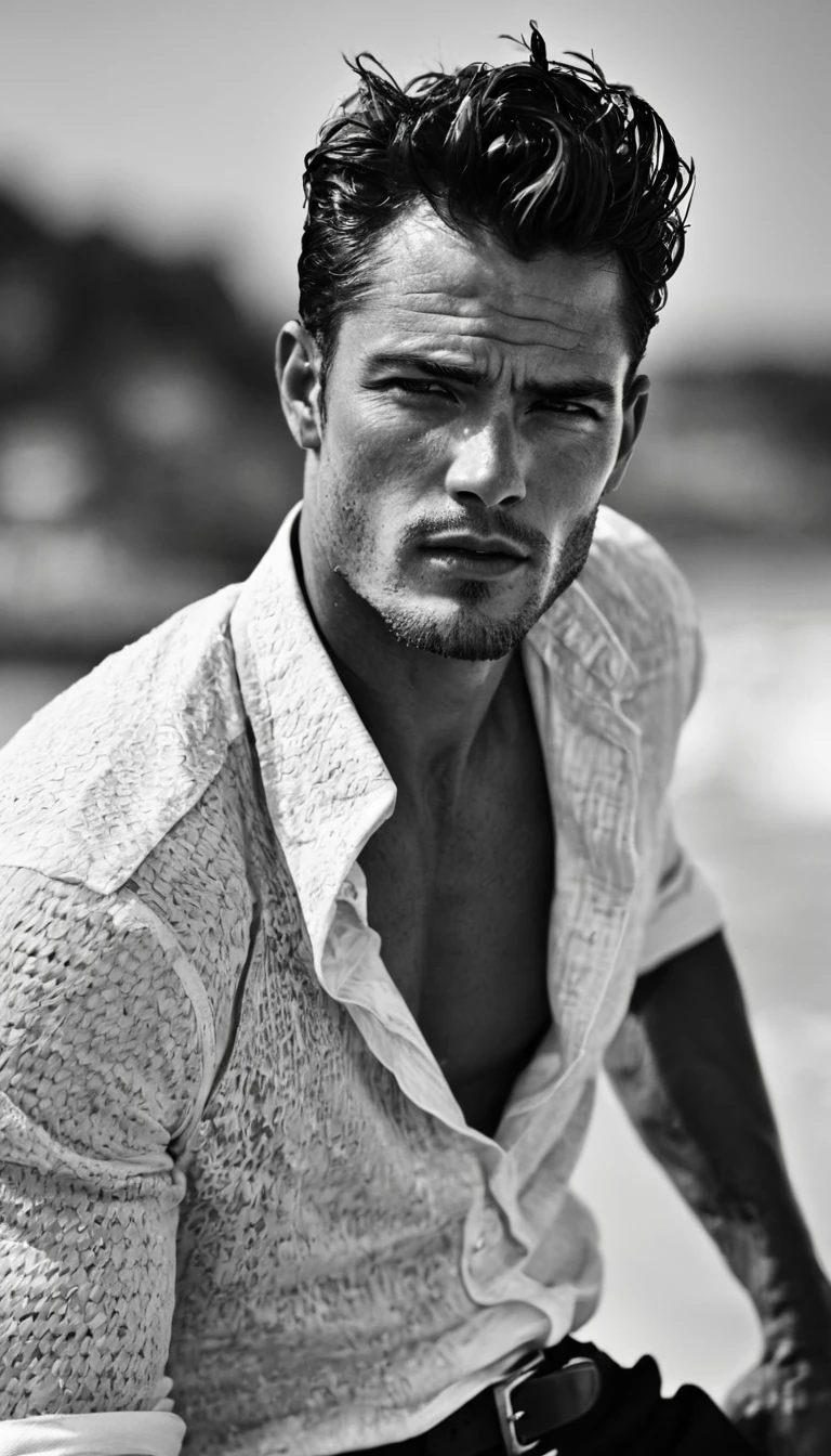 Beach, noon, 1man, fashion photoshoot, photographed by Peter Lindbergh, ultra high definition, realistic, perfect hands, dynamic angle, masculine pose