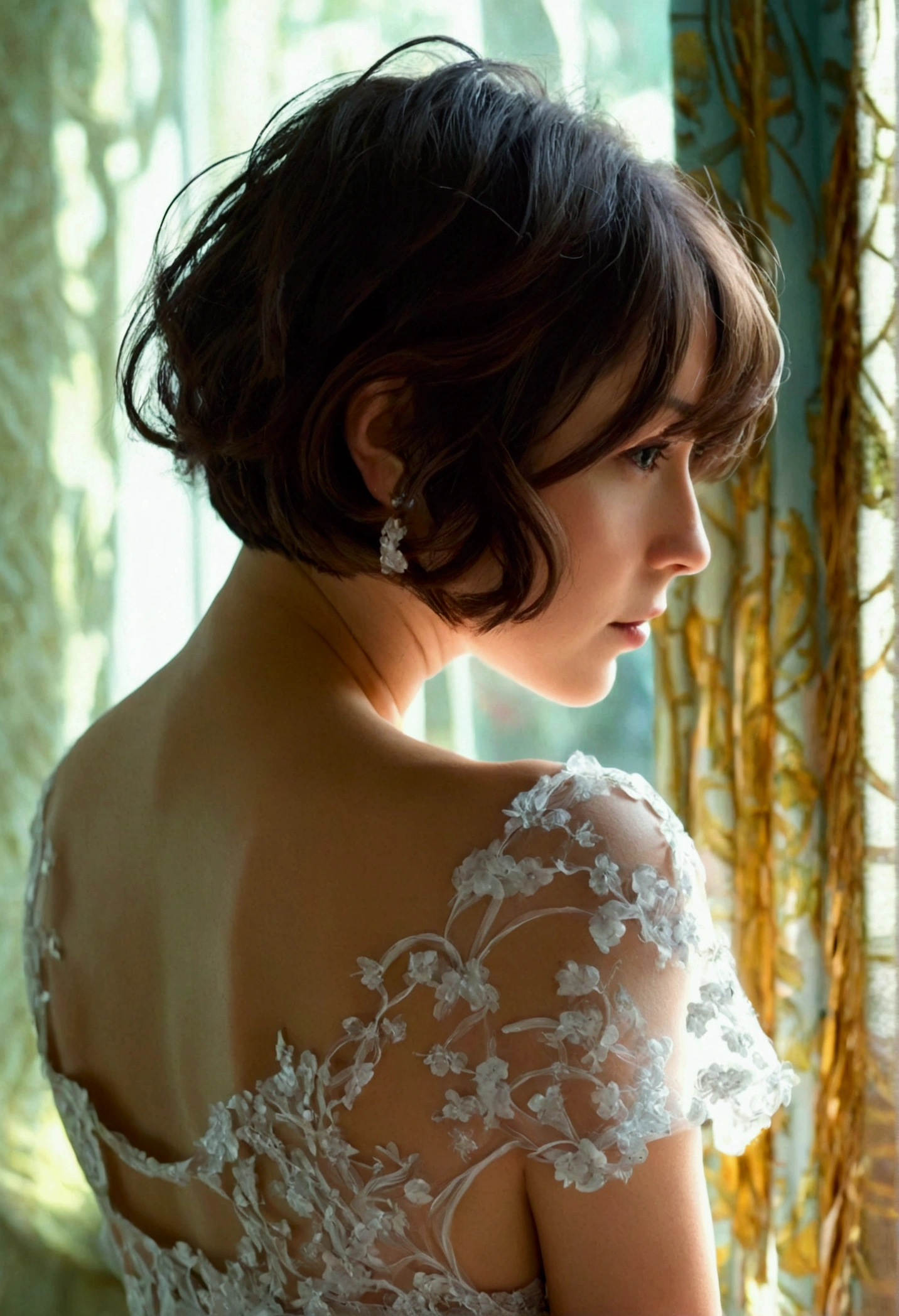 Woman with short bob hair,Looking back,Naked and curled up,Slim figure,dim,I can't see your face