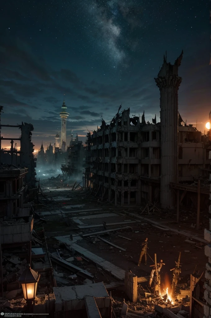anime scene kingdom at night destroyed in complete chaos and ruins with a pile of bones overlooking the kingdom