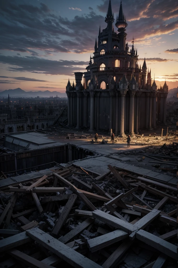 anime scene kingdom at night destroyed in complete chaos and ruins with a pile of bones overlooking the kingdom
