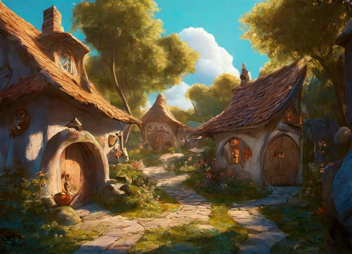 a close-up of a cartoon village with a path between several houses in a village in the Enchanted Forest, beautiful rendering of a fairy tale, Magic Village, medeival Fantasy City, sunlight and extravagant houses, Stylized 3D rendering, a bustling magical village, Fantasy City setting, Village in the forest, Stylized 3D rendering, Fantasy Village, stylized concept art, dark fantasy painting，cute