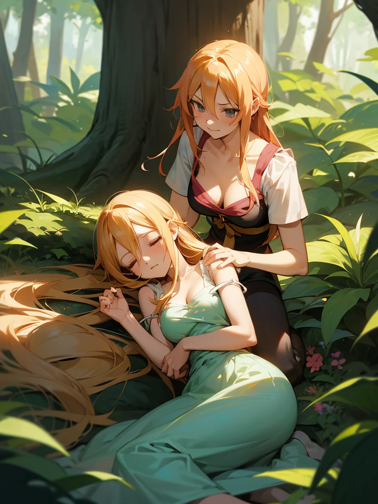 Fairy Tail character Lucy Heartfilia and Natsu Dragneel in the middle of the forest with Lucy asleep while Natsu caresses her chest