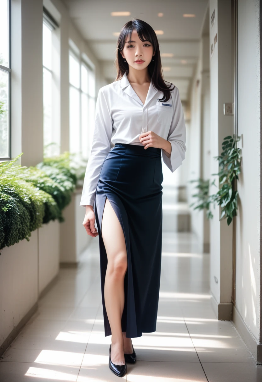 8k, raw photo, best quality, masterpiece, realistic, photo realistic, clear, professional lighting, beautiful face, best quality,ultra high res, realistic japanese beautiful, Super detailed, 1girl,full body, side slit