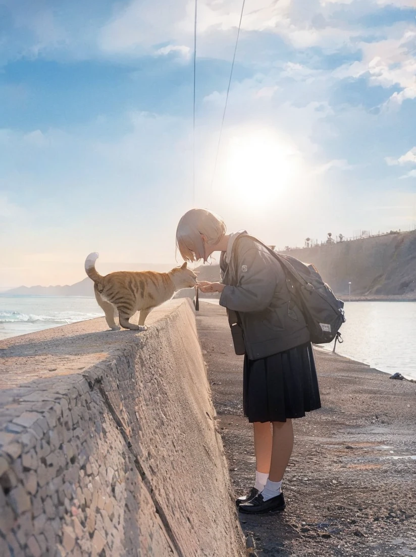 Girl and cat looking at the sea